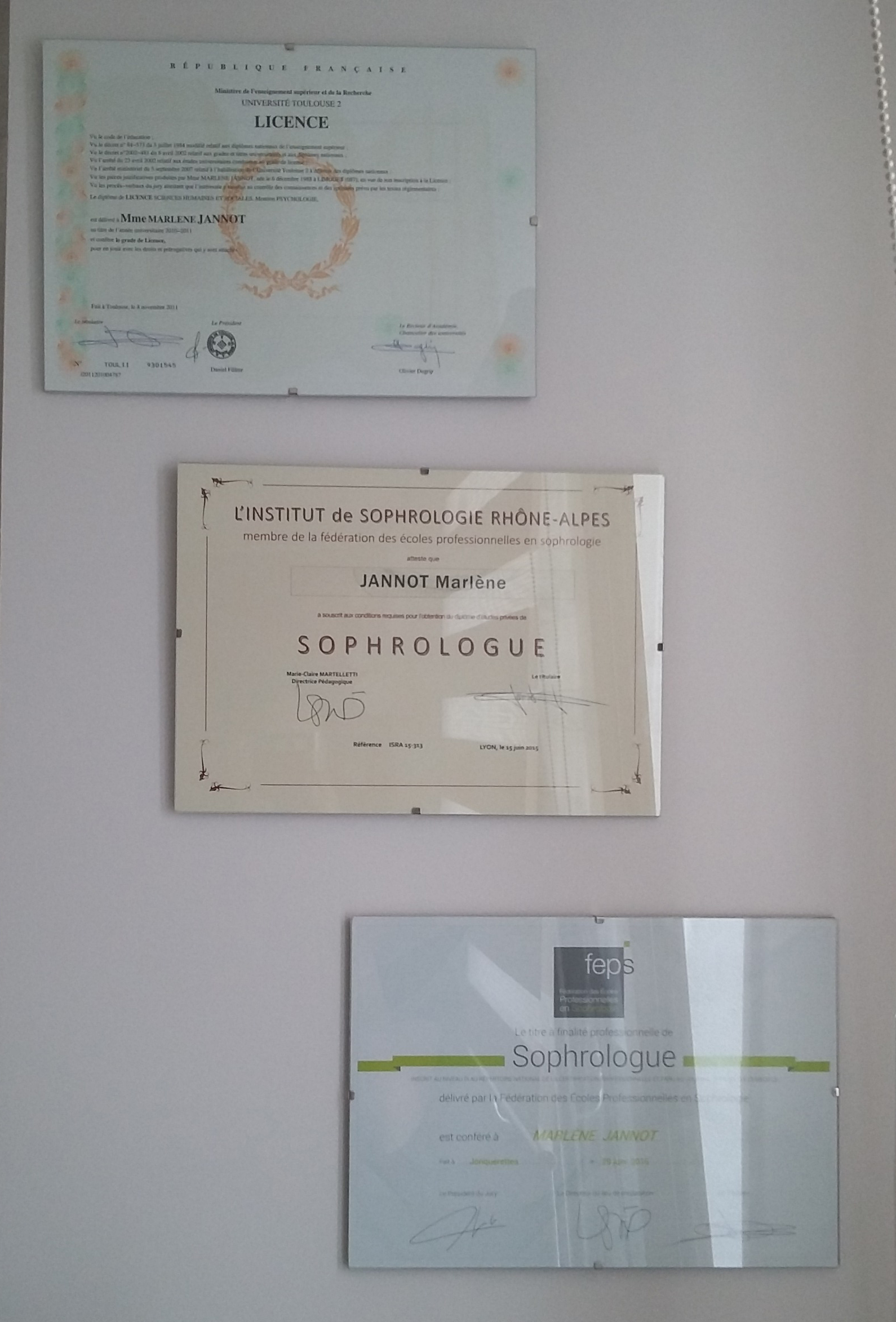 Diplômes Marlène Jannot - Licence - Sophrlologie et FEPS